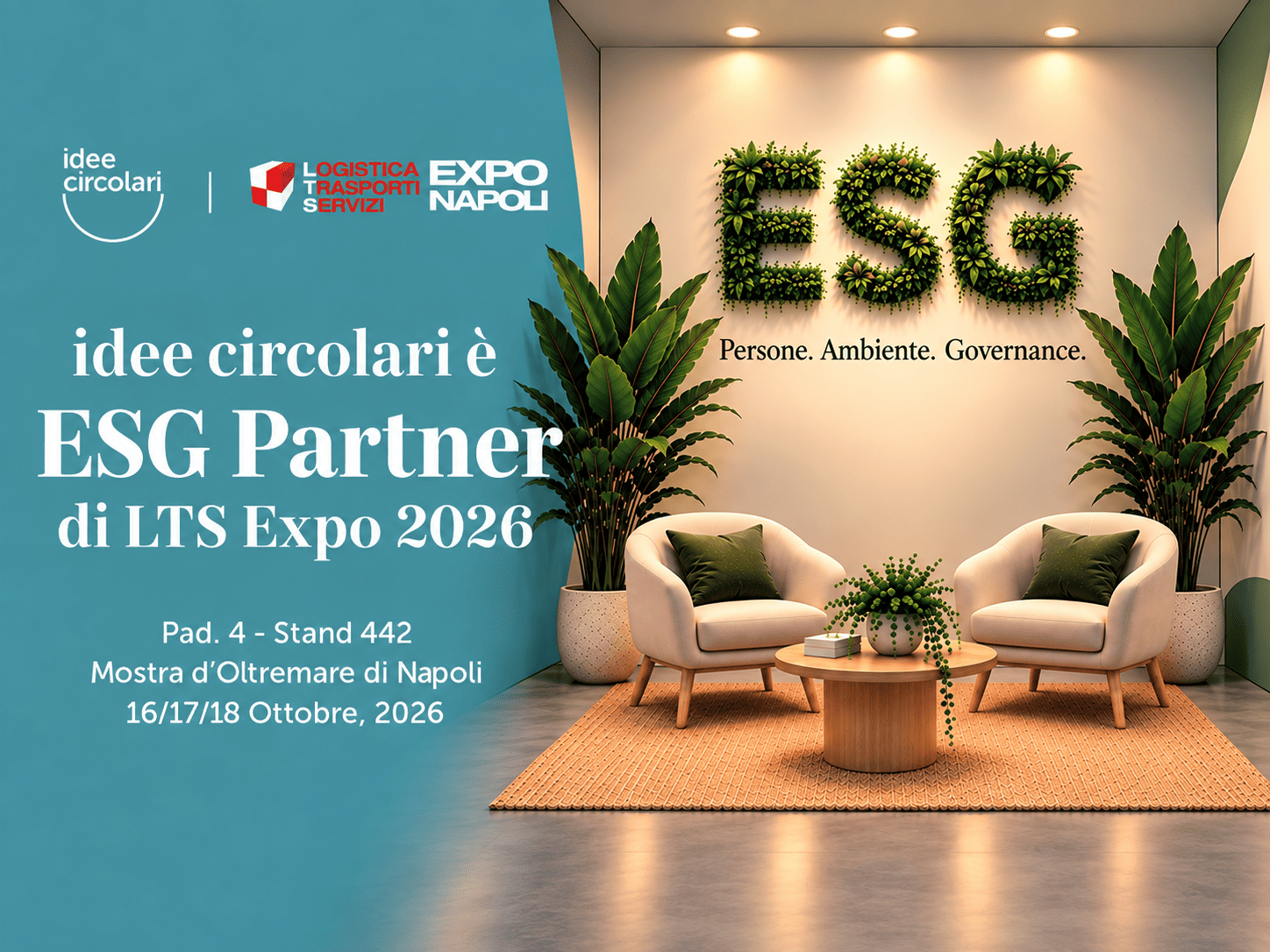 Visual di Idee Circolari per LTS Expo Napoli: nave portacontainer, gru portuali e timone al tramonto